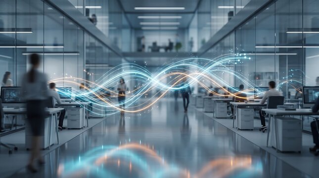 Glowing abstract light waves flowing through modern office workspace with blurred employees working in background representing high speed data transfer and digital connectivity