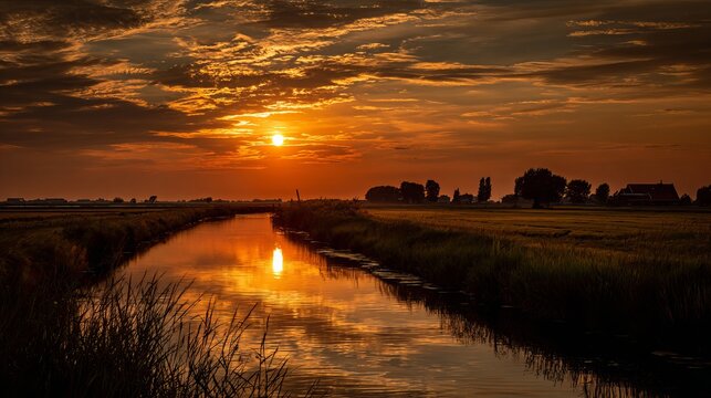 Dutch polder landscape near gouda, holland during a golden sunset