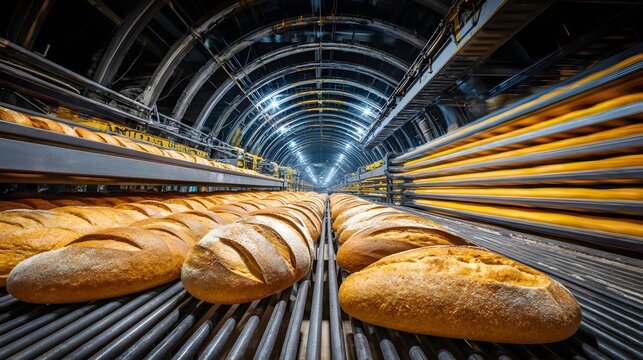 factory with endless rows of bread and pastries moving through automated ovens, warm golden lighting, food production excellence