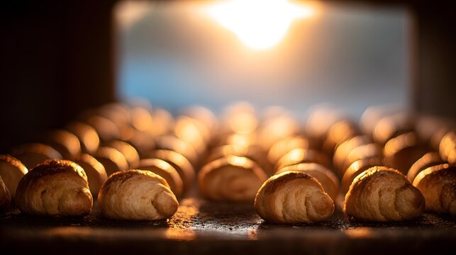 factory with endless rows of bread and pastries moving through automated ovens, warm golden lighting, food production excellence