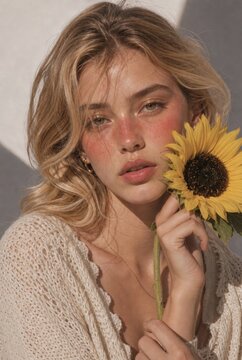 Portrait of young woman holding sunflower in soft natural light