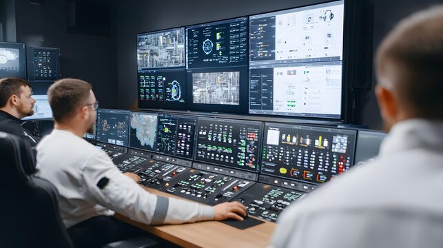 center overlooking a sprawling manufacturing complex, engineers monitoring digital dashboards, futuristic operations environment