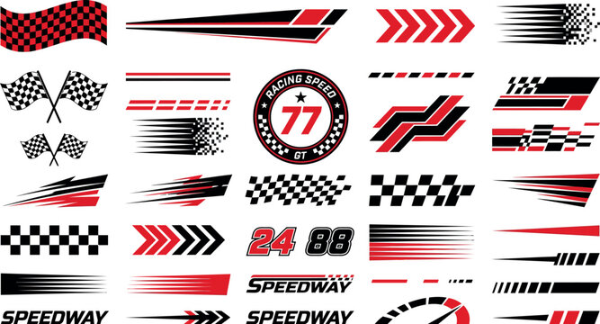 Racing speed graphics set, checkered flag decals and sports stripes, automotive vinyl stickers for car tuning and motorsport