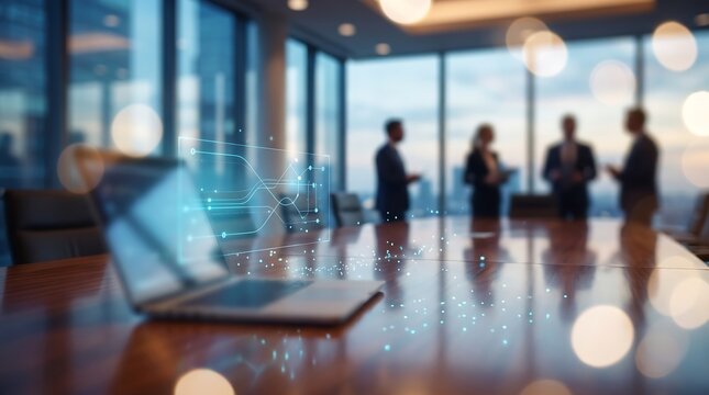 Laptop on boardroom table with glowing digital data visualization overlay and blurred business professionals having meeting in background of modern corporate office during sunset hour