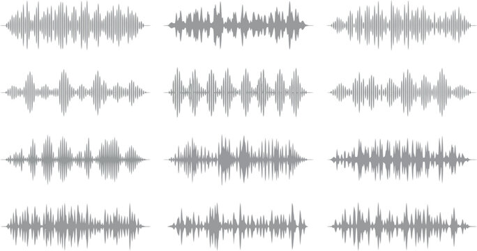 Minimalist sound wave collection, 12 gray audio waveform vector icons, digital music frequency signal set for podcasting