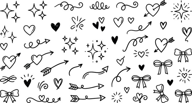 Hand drawn doodle elements, black ink hearts and arrows vector set, decorative sparkles and swirls for wedding stationery