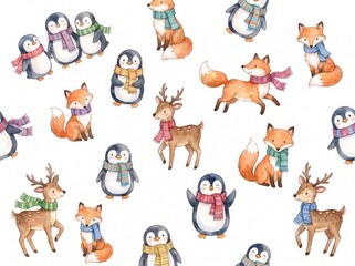 Naklejka premium Cute Watercolor Winter Animals with Scarves Scattered Pattern