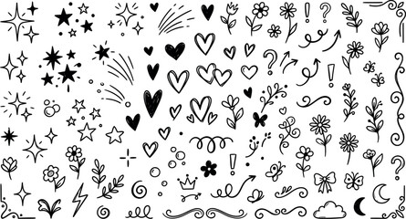 Hand drawn doodle element set, black ink sketch icons of hearts and stars, decorative floral vector illustrations for bullet journals © Seli