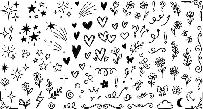 Hand drawn doodle element set, black ink sketch icons of hearts and stars, decorative floral vector illustrations for bullet journals