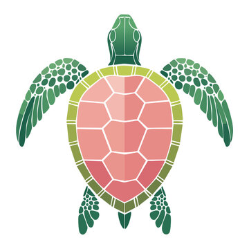 flat geometric sea turtle with segmented green flippers and pink shell for nautical ocean resort tattoo design and coastal marine sticker