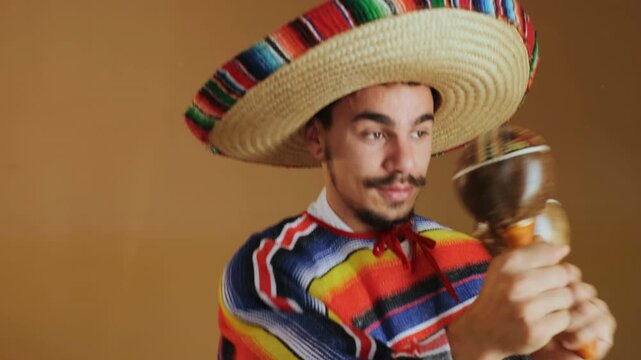 Close medium shot of young man wearing large woven straw sombrero and bright striped serape actively shaking pair of polished wooden maracas, with maraca, sombrero, serape, man detail