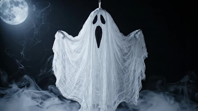 White ghost figure floating under full moon surrounded by dark smoke