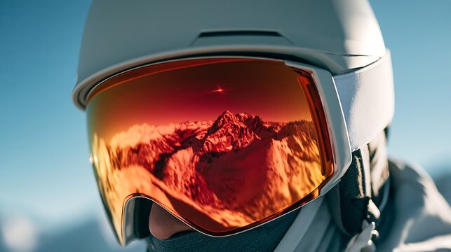 Ski goggles with mountain reflection isolated on transparent background. Ideal for winter sports gear advertisements and extreme lifestyle concepts.