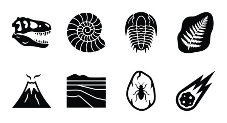 Paleontology icons for dinosaur skull, ammonite, trilobite, fern, volcano, layers, insect, meteorite, outline solid styles, UI and web interface © Tashin