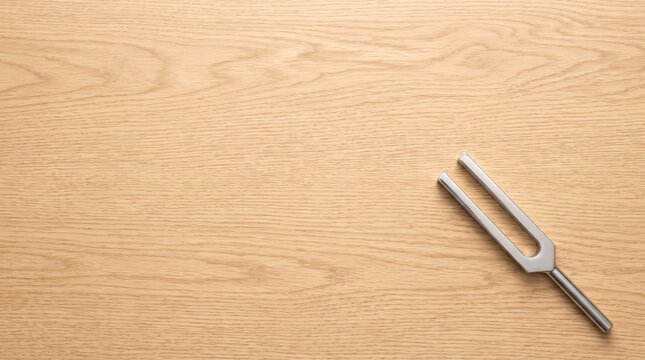 Metal tuning fork placed on a light wooden surface