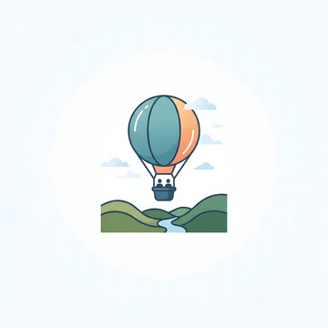 Vector illustration of a colorful hot air balloon drifting peacefully over a scenic landscape with rolling hills and a flowing river under a light cloudy sky