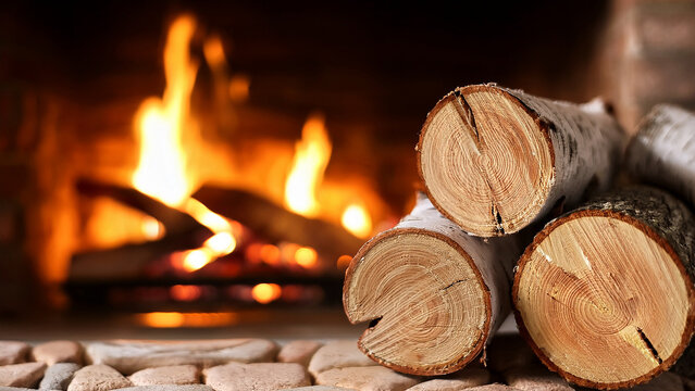 Split birch firewood logs on stone hearth with blurred glowing fireplace background banner.