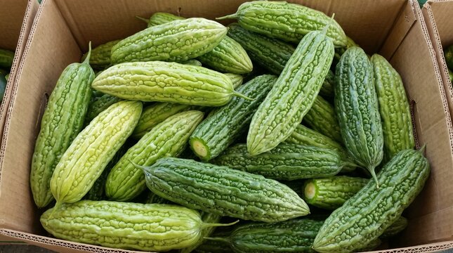 Fresh green bitter melons in a cardboard box at a market