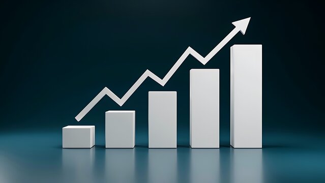 3D bar chart with upward trend line illustrating growth and positive progress