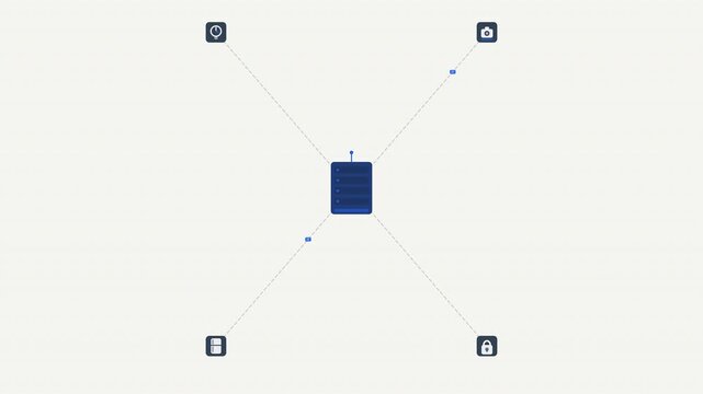 Central dark rectangle with four distinct connected icons  security camera, shield, lock, and battery. Suitable for cybersecurity concept designs.
