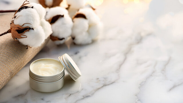 Natural lip balm tin and shea butter with cotton flower and blurred winter spa background banner.