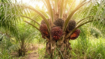 Sunlit oil palm tree with ripe fruit bunches in plantation © Nahnuddin