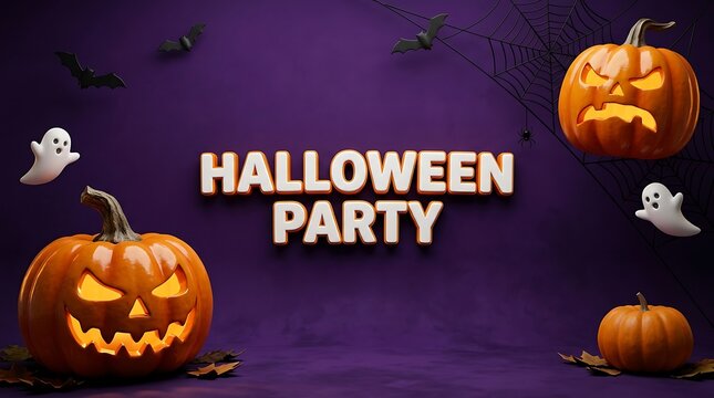 Halloween party text sign with glowing pumpkins and ghosts on purple background