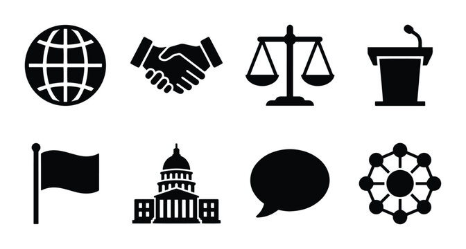 Political science icons for government, law, and diplomacy, outline solid styles, UI and web interface