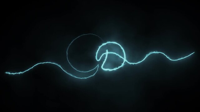 Blue electric wave featuring glowing plasma loops flowing over a dark background. Includes smooth motion graphics. Seamless loop 4k animation.