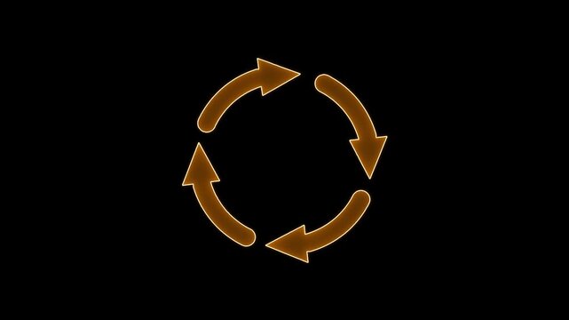  neon glowing four arrow refresh circular arrows rotation cycle seamless loop animation on black background 4k motion video.