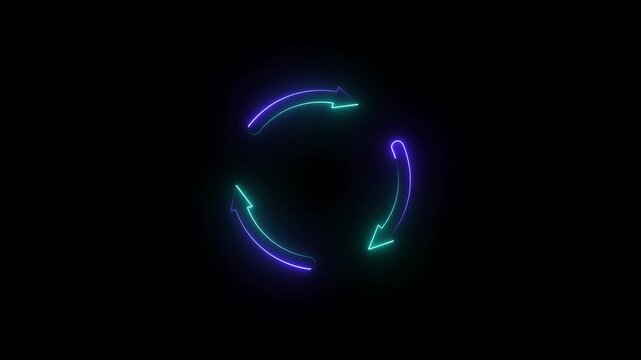 Cyan and  blue neon glowing thrre arrow refresh circular arrows rotation cycle seamless loop animation on black background 4k motion video.	