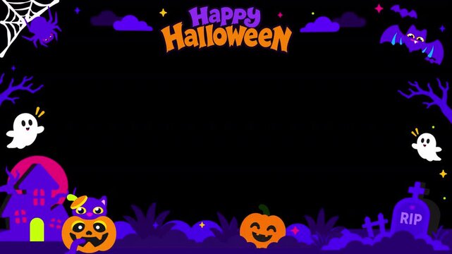 Cute Halloween Animated Overlay with Ghost, Pumpkins, Bat and Spider Web - Alpha Channel