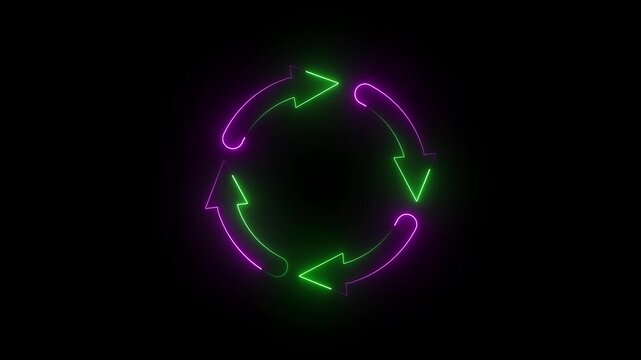 Green and magenta neon glowing four arrow refresh   circular arrows rotation cycle seamless loop animation on black  background 4k motion video.