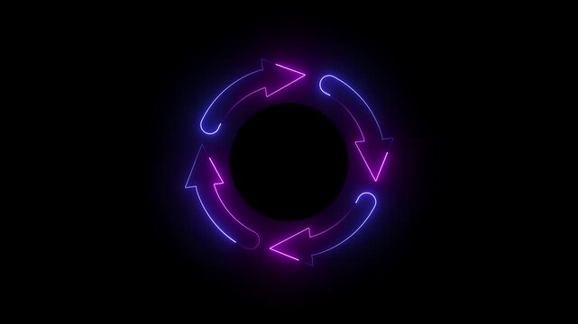 Violet and pink neon glowing four arrow refresh   circular arrows rotation cycle seamless loop animation on black  background 4k motion video.