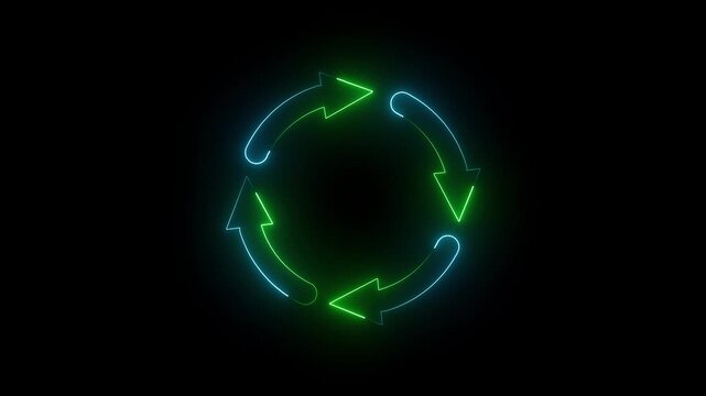 Cyan and green neon glowing four arrow refresh   circular arrows rotation cycle seamless loop animation on black  background 4k motion video.