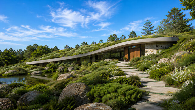 underground eco-modern villa beautifully integrated into a lush green hillside and scenic pond