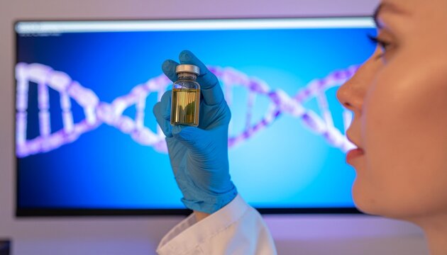 Game Changer Gene Editing Cure Scientist Holding Vaccine Vial Against DNA Helix Screen