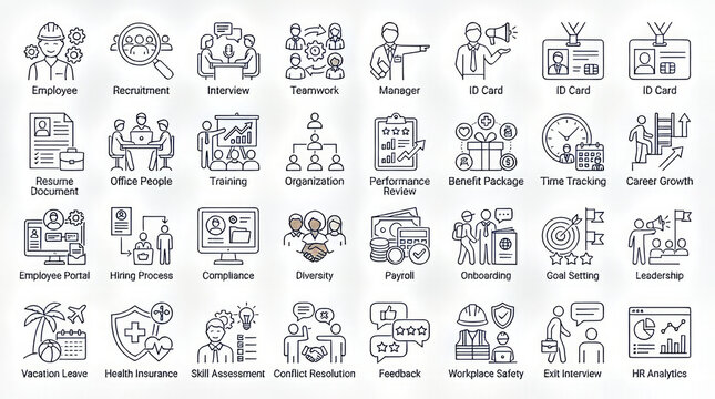 Human Resources Icons Set: A comprehensive collection of clean, line-art icons representing various aspects of human resources and business operations.