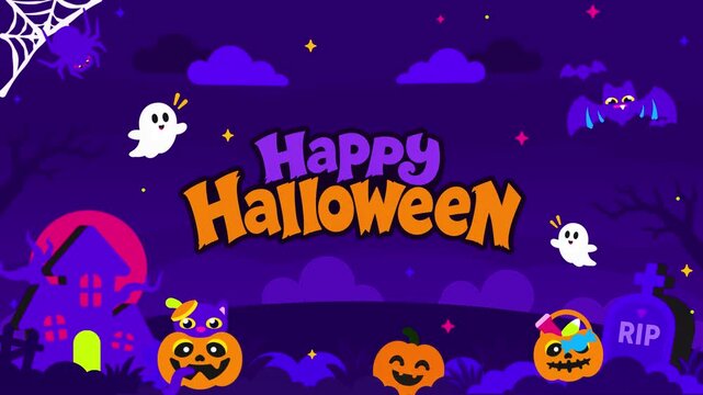 Cute Halloween Animated Background with Ghosts, Pumpkins and Haunted House