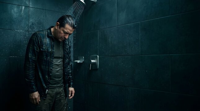 Sad man fully clothed in shirt standing under running shower water in dark bathroom