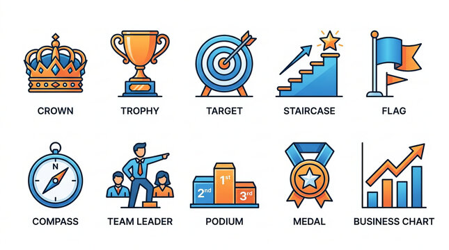 Set of Business Icons: A collection of vector icons representing various business concepts, including crown, trophy, target, staircase, flag, compass, team leader, podium, medal, and business chart.