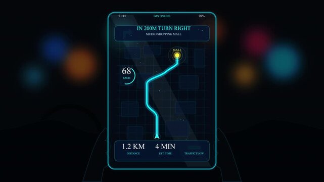 Close up woman hands using glass smartphone GPS navigation for traffic to shopping mall in car