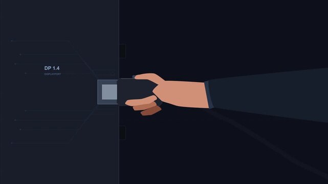 man's hand plugging displayport cable into device, technology connection, digital interface
