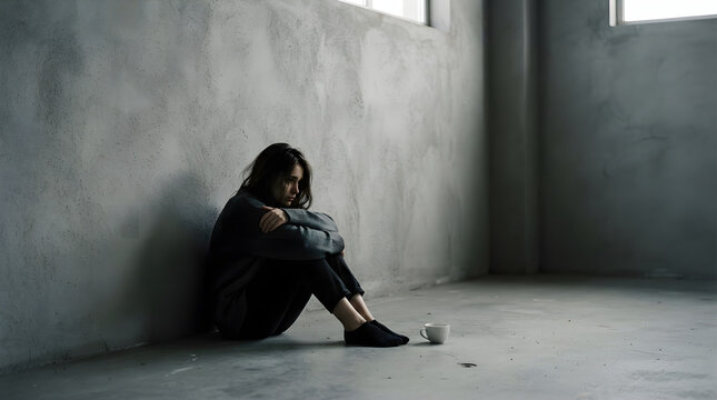 A depressed woman sitting alone on the floor in a dark room feeling sad lonely and hopeless with mental health struggle and emotional pain in a desolate indoor setting