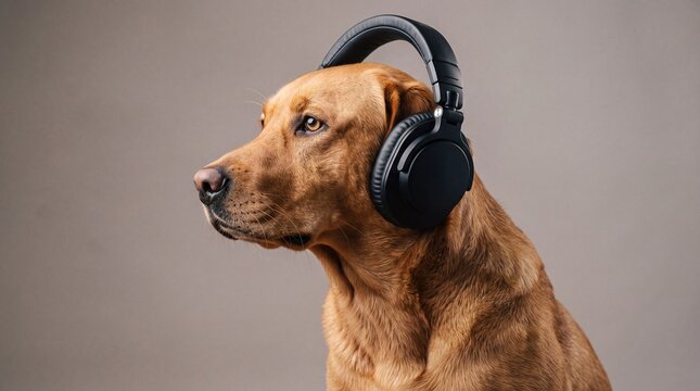 Labrador dog headphone wearing listener in studio profile