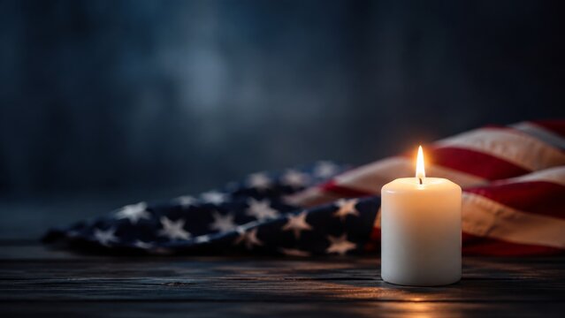 Candle and American flag for September 11 remembrance