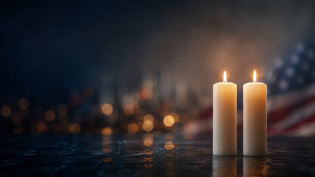 Two memorial candles with American flag in background