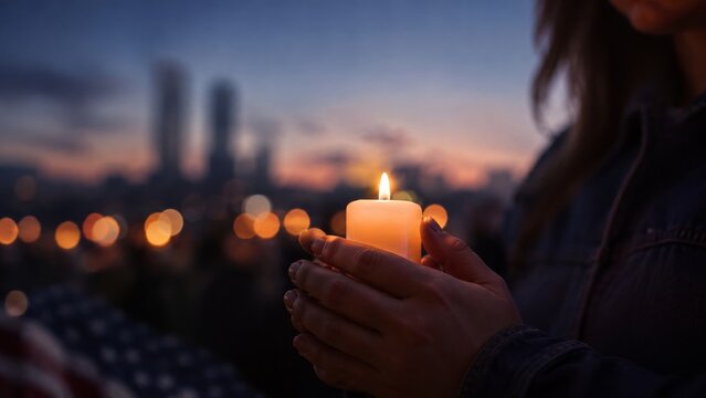 Memorial candle held against New York city lights