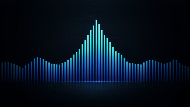 Digital audio sound wave and financial bar chart graph with glowing cyan neon light on dark background
