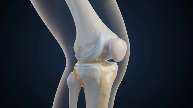 Animated medical illustration of human knee joint bending, showcasing articulation and bone structure, ideal for health education and physical therapy concepts